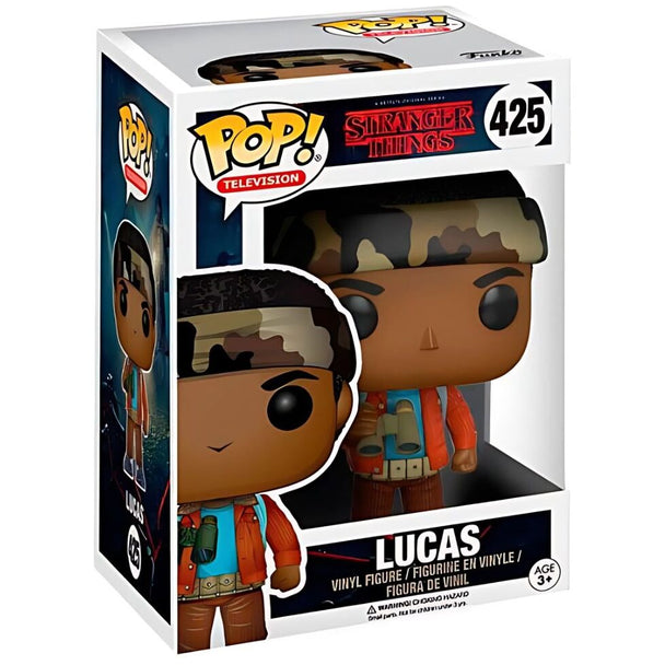 Vue latérale de la figurine Funko POP Lucas avec jumelles dans sa boîte cadeau officielle