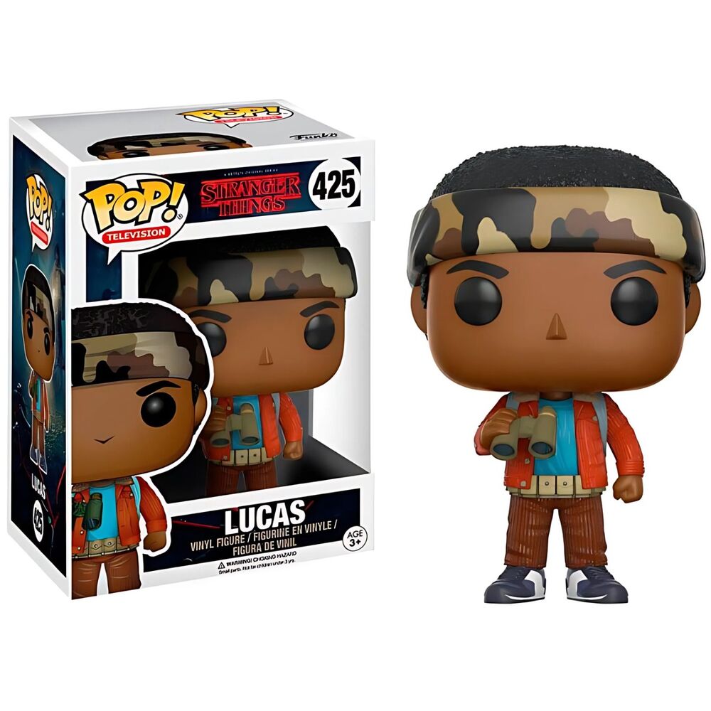 Gros plan sur les détails de la figurine Funko POP Lucas avec jumelles Stranger Things