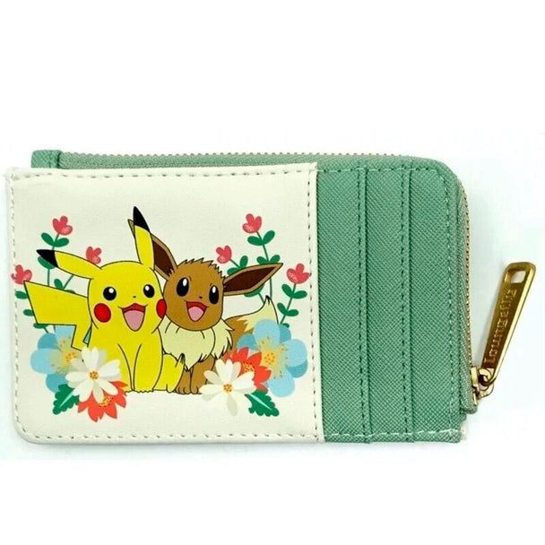 Porte-cartes Loungefly avec Pikachu et Évoli sur fond floral coloré, vue avant détaillée