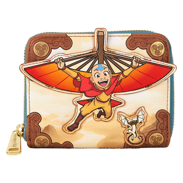 Vue de face du portefeuille Loungefly Avatar The Last Airbender en cuir vegan avec détails dorés et flèche découpée.