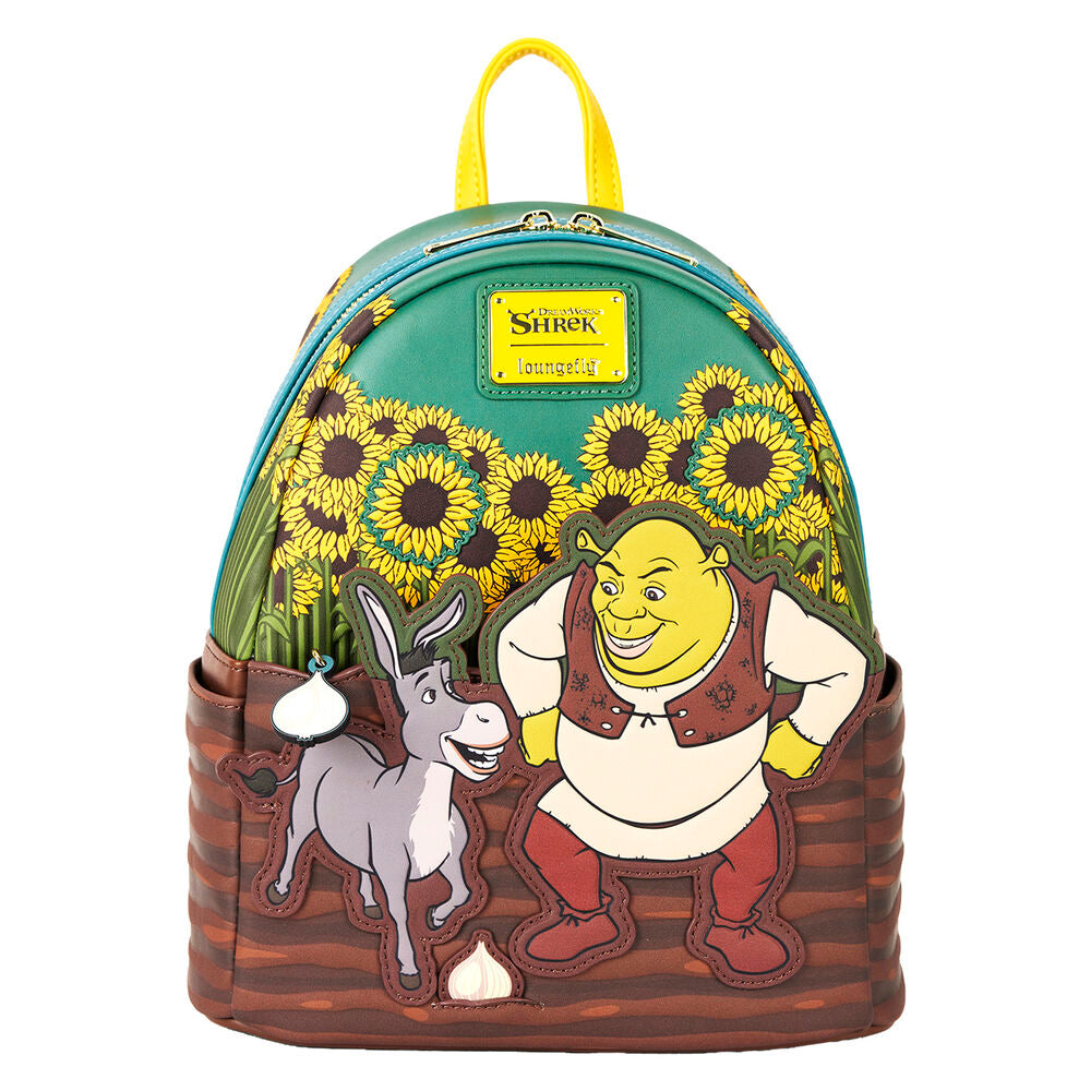 Sac à dos Loungefly Shrek Spring Vibes vue de face avec détails dorés et poche zippée
