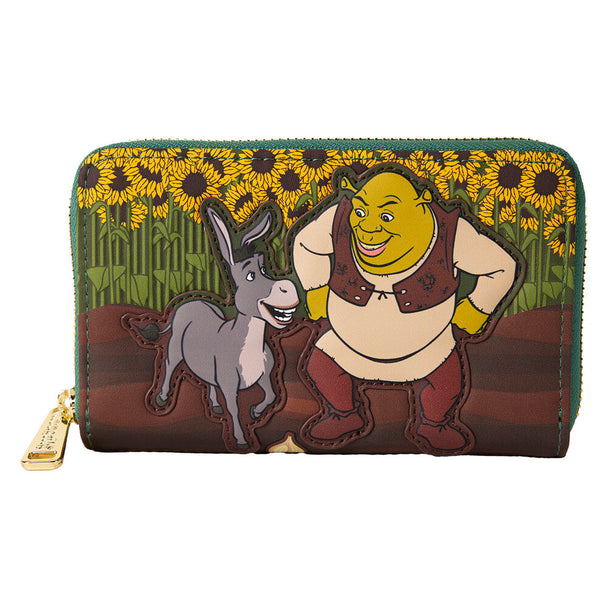 Portefeuille Loungefly Shrek Spring Vibes en cuir vegan marron avec fermeture éclair dorée posé sur fond clair