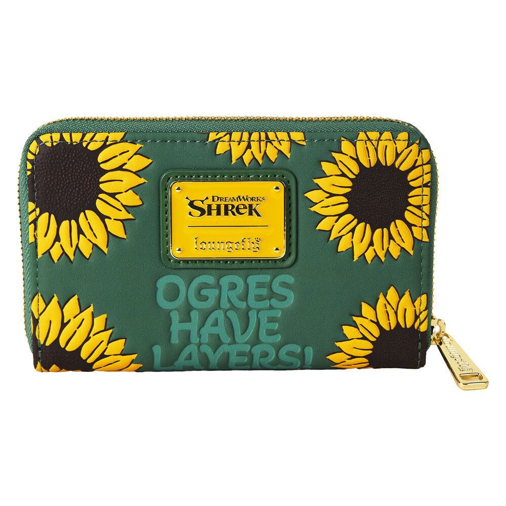 Vue rapprochée des détails embossés et estampillés du portefeuille Loungefly Shrek Spring Vibes