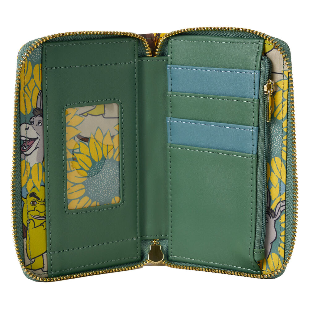 Fermeture éclair dorée brillante du portefeuille Loungefly Shrek Spring Vibes vue de profil