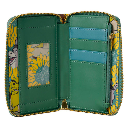 Fermeture éclair dorée brillante du portefeuille Loungefly Shrek Spring Vibes vue de profil