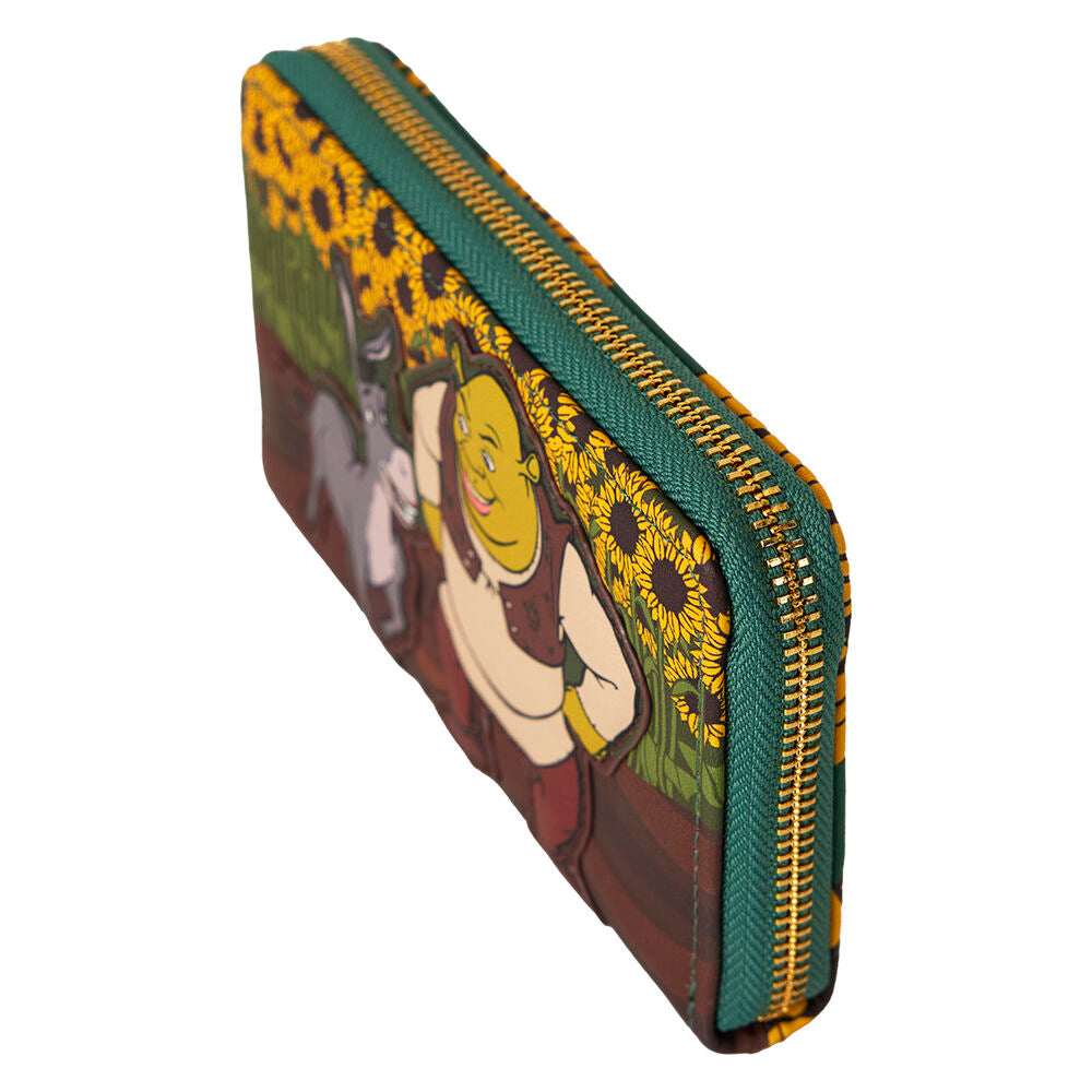 Portefeuille Loungefly Shrek Spring Vibes ouvert montrant la doublure intérieure assortie et les compartiments