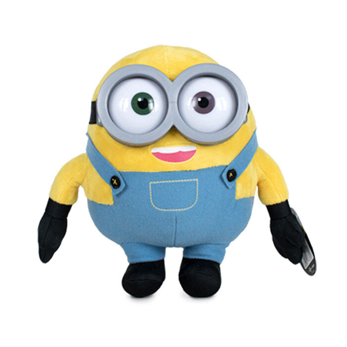 Détail de la peluche Minions Bob montrant sa texture douce et ses couleurs vives, parfaite pour les fans du film The Rise of Gru