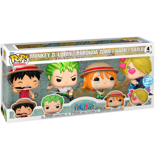 Pack de quatre figurines FUNKO POP exclusives One Piece avec Nami la navigatrice et Sanji le chef cuisinier.