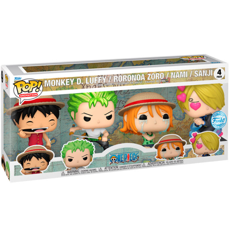 Pack de quatre figurines FUNKO POP exclusives One Piece avec Nami la navigatrice et Sanji le chef cuisinier.