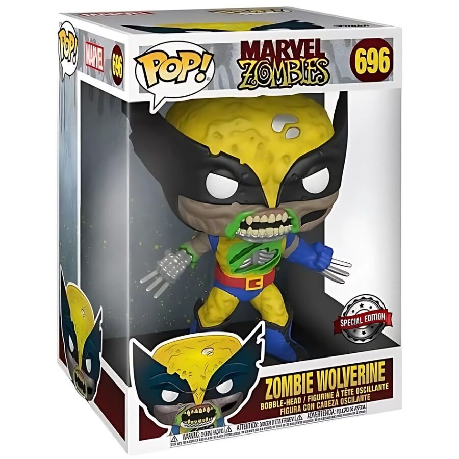Photo rapprochée de la tête de la figurine Wolverine Zombie FUNKO POP, mettant en valeur les détails du visage zombifié.