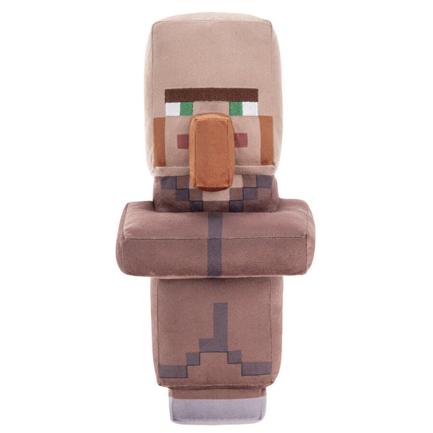 Peluche Minecraft Aldeano de 20cm en tissu doux avec design pixelisé fidèle au jeu, vue de face.
