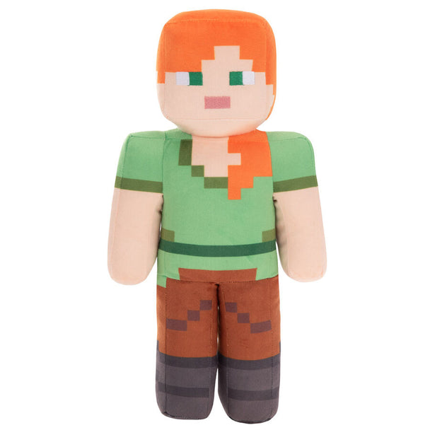 Peluche Minecraft Alex de 30 cm, jouet officiel PLAY BY PLAY, vue de face avec détails du visage et costume pixelisé.