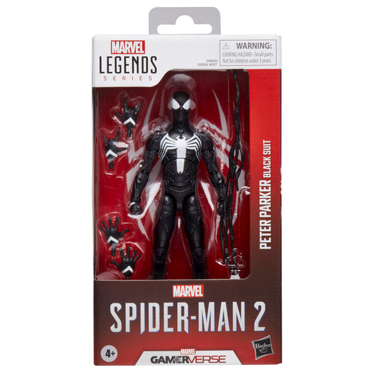 Figurine Spider-Man 2 Peter Parker en costume noir vue de face avec détails articulés