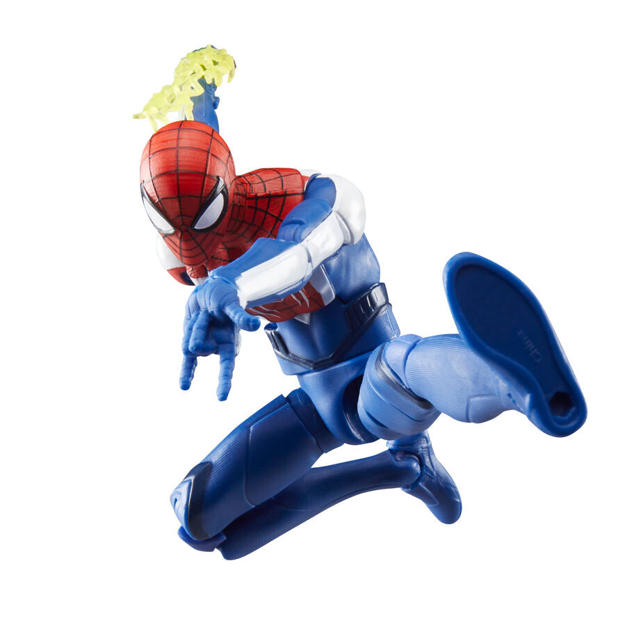 Figurine articulée Marvel Legends Miles Morales en costume amélioré posée sur un socle