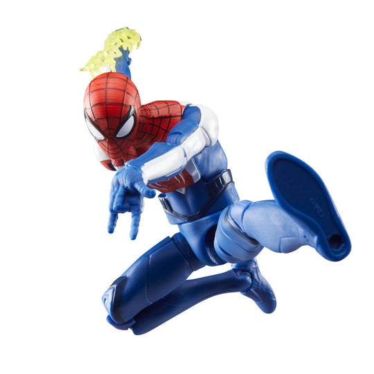 Figurine articulée Marvel Legends Miles Morales en costume amélioré posée sur un socle