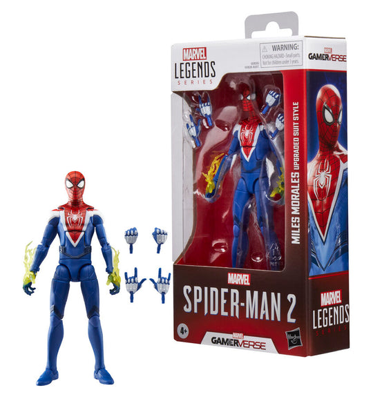 Gros plan sur le visage masqué de la figurine Spider-Man 2 Miles Morales en costume Upgraded Suit