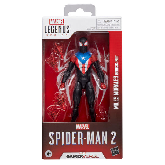 Vue latérale de la figurine Spider-Man 2 Miles Morales Boricua Suit articulée 15cm