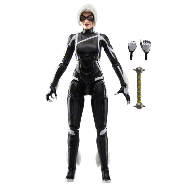 Vue latérale gauche de la figurine Black Cat articulée avec costume noir brillant
