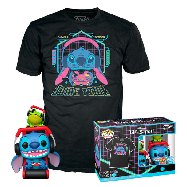 Set comprenant une figurine Funko POP Stitch Gamer avec grenouille et un t-shirt assorti Disney, présenté sur fond blanc.