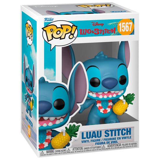 Vue rapprochée de la figurine Funko POP Stitch Luau montrant les détails précis et les couleurs vives