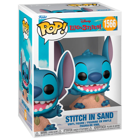 Vue rapprochée de la figurine Funko POP Stitch en sable montrant les détails colorés et la finition vinyle