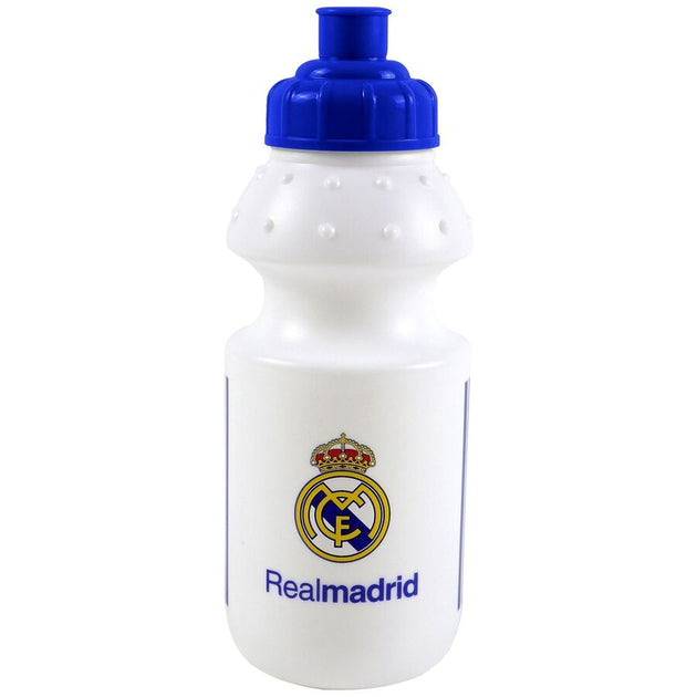 Gourde Real Madrid 350ml en plastique avec embout de sécurité anti-fuite, marque CYP BRANDS, vue de face.