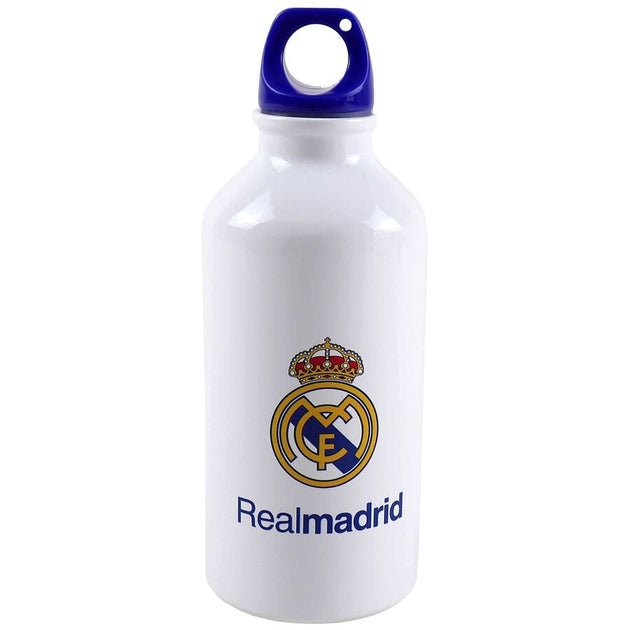 Gourde aluminium Real Madrid 400ml avec bouchon à vis, design officiel CYP BRANDS, idéale pour sport et usage quotidien.