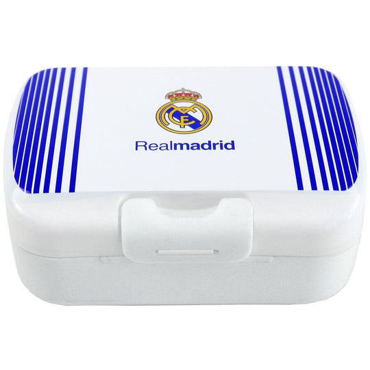 Sac à déjeuner Real Madrid de couleur blanche avec logo officiel sur le devant, dimensions compactes.