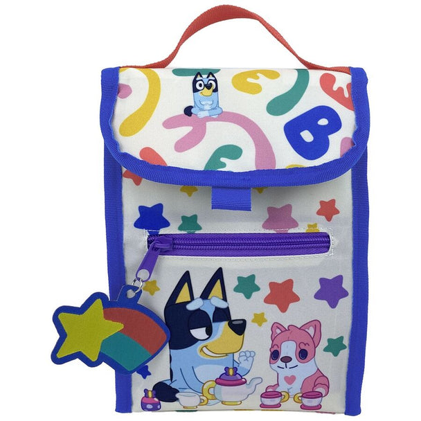 Sac déjeuner Bluey Rainbow isotherme en polyester avec poignée étoile, dimensions 17x10x24 cm, idéal pour enfants.