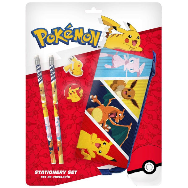Set de papeterie Pokémon comprenant porte-crayons triple, 2 crayons à gomme, gomme et taille-crayon, présenté sur fond blanc.