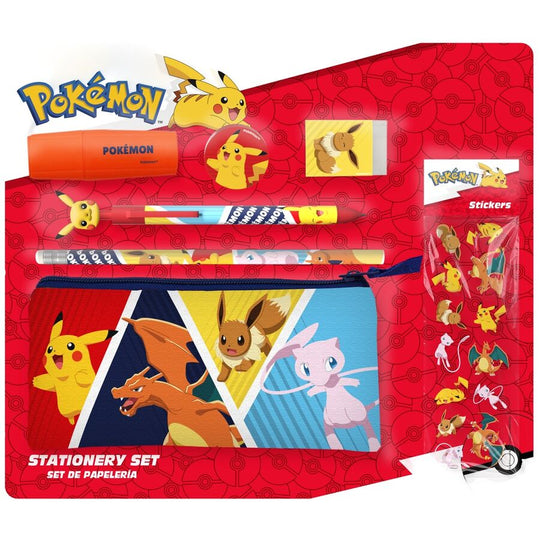 Set de papeterie Pokémon avec trousse, crayons, gomme, taille-crayon, stylo, surligneur et stickers sur fond blanc.