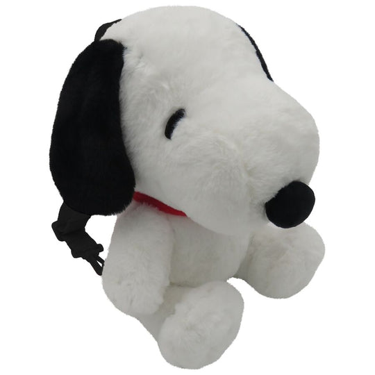 Sac à dos peluche Snoopy 28cm avec bretelles ajustables et compartiment intérieur, présenté sur fond blanc.