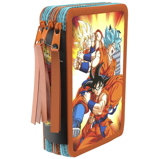 Trousse Dragon Ball triple compartiment ouverte montrant crayons de couleur et feutres bien rangés