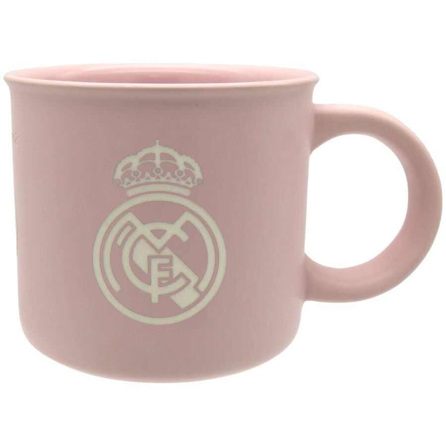 Mug en céramique blanc de 430ml avec logo officiel Real Madrid, compatible micro-ondes et lave-vaisselle, présenté sur fond blanc.