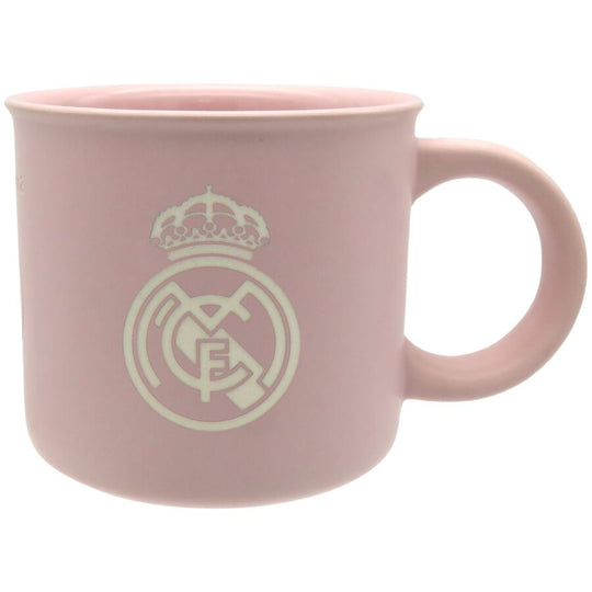 Mug en céramique blanc de 430ml avec logo officiel Real Madrid, compatible micro-ondes et lave-vaisselle, présenté sur fond blanc.