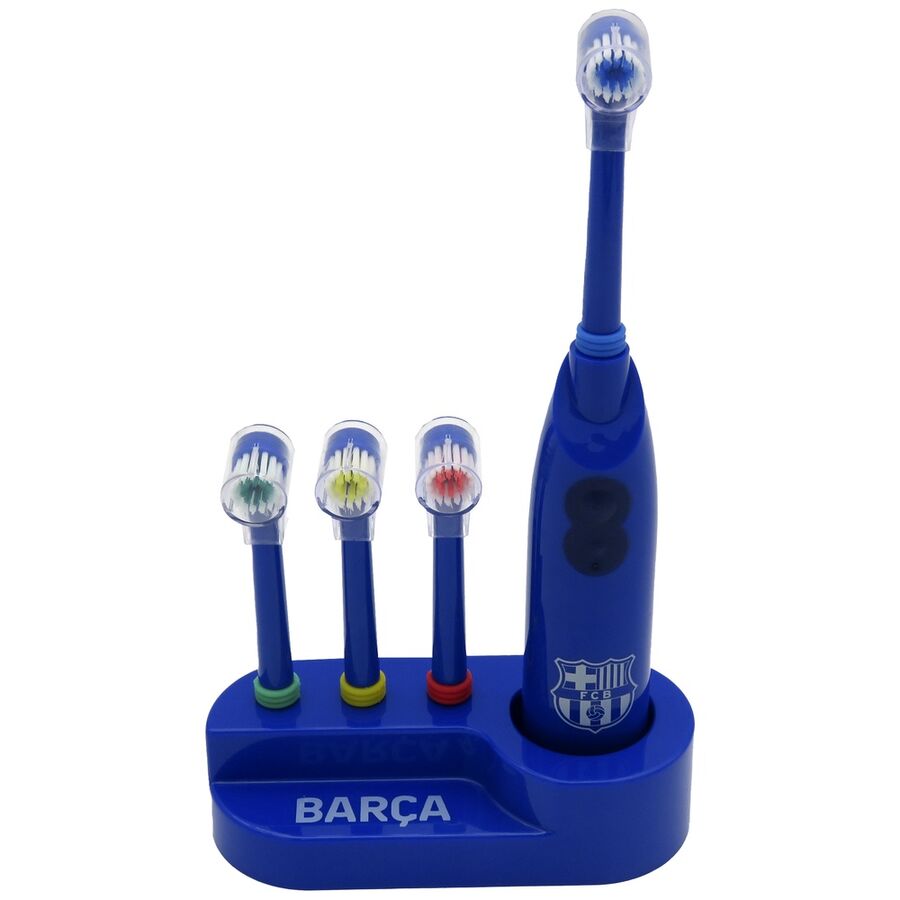 Brosse à dents électrique FC Barcelona avec 3 têtes interchangeables et design ergonomique, vue de face sur fond blanc.