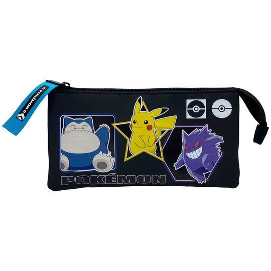 Trousse triple Pokémon Geo vue de face avec fermeture éclair métallique et design coloré