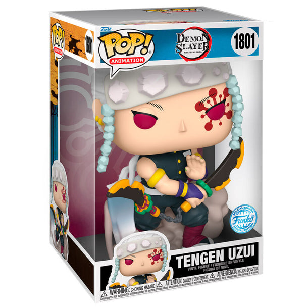 Vue de face de la figurine POP Tengen Uzui, personnage de Kimetsu no Yaiba, en position dynamique sur fond neutre
