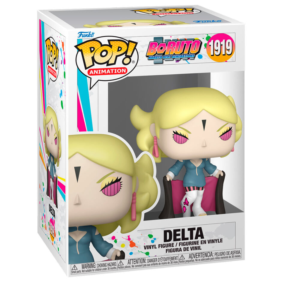 Vue rapprochée de la figurine Funko POP Delta, personnage de Boruto Naruto Next Generations, avec détails précis et couleurs vives.