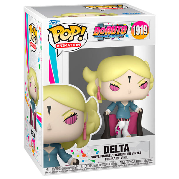 Vue rapprochée de la figurine Funko POP Delta, personnage de Boruto Naruto Next Generations, avec détails précis et couleurs vives.