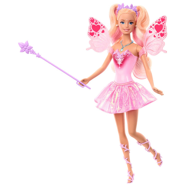 Poupée Barbie Hada MATTEL avec ailes colorées changeantes et baguette magique en gros plan