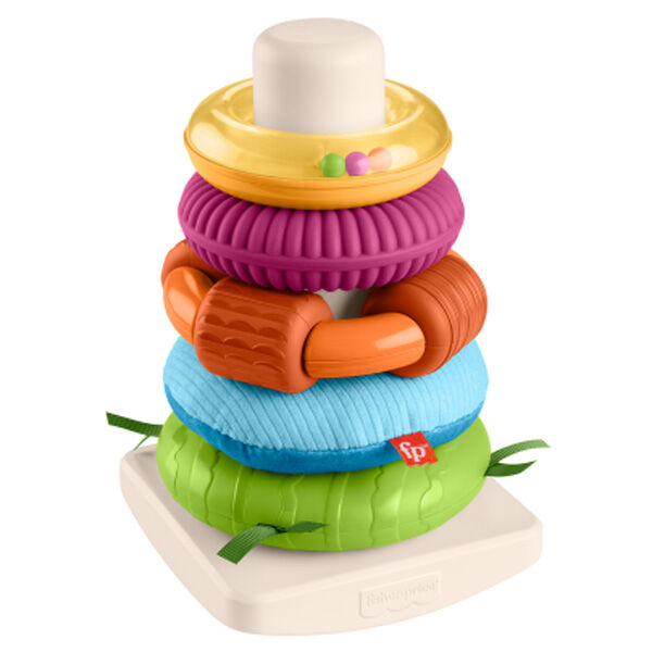 Pyramide sensorielle Fisher-Price avec cinq anneaux colorés sur base oscillante