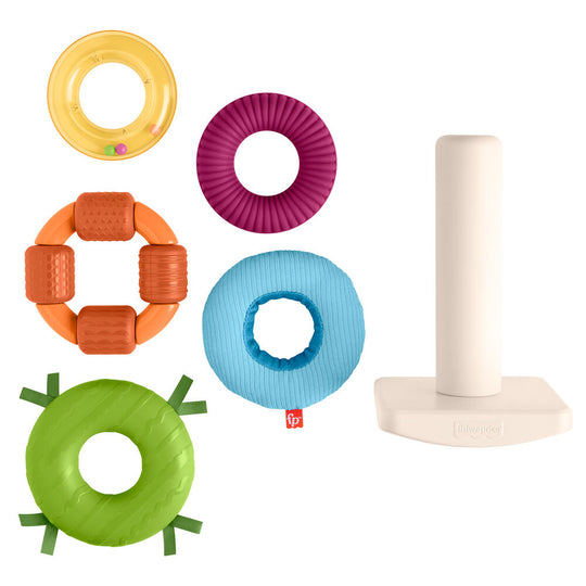 Anneaux d'empilage Fisher-Price aux textures et tissus variés pour éveil sensoriel
