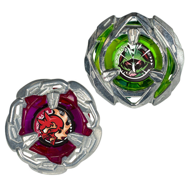 Image du pack double Beyblade X Chain Incendio 5-60HT et Arrow Wizard 4-60N de Hasbro avec deux toupies prêtes au combat.