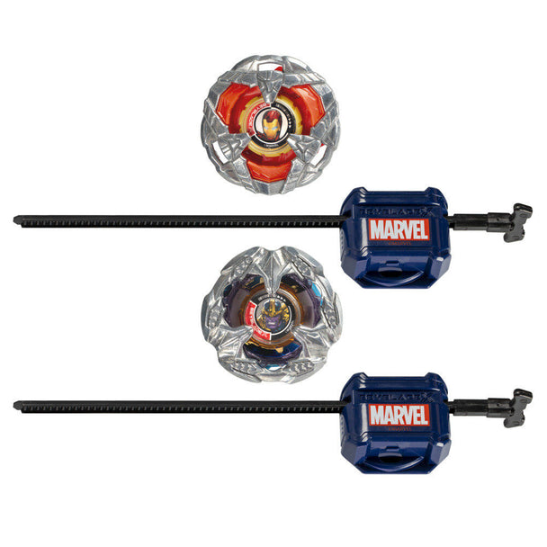 Image du pack Beyblade X Iron Man 4-80B et Thanos 4-60P avec deux toupies métalliques et deux lanceurs, produit HASBRO pour enfants à partir de 8 ans.