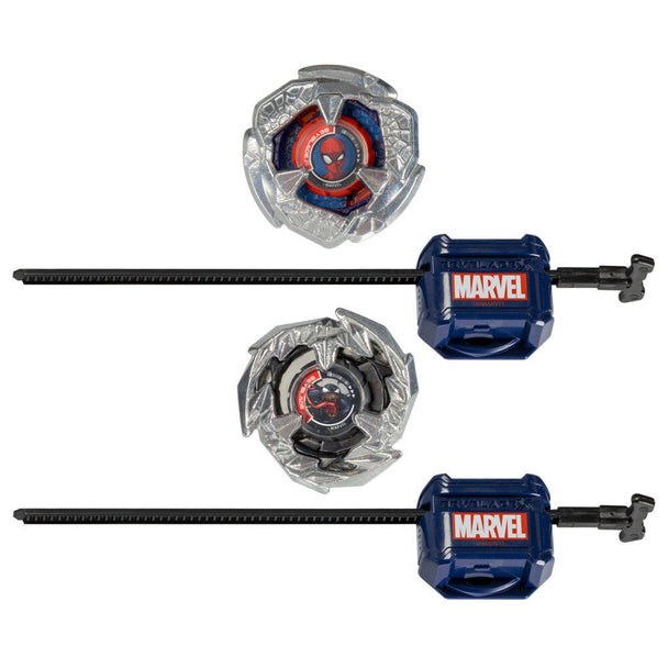 Pack Beyblade X HASBRO avec toupies Spider-Man 3-60F et Venom 3-80N en métal, accompagné de deux lanceurs pour des combats intenses.