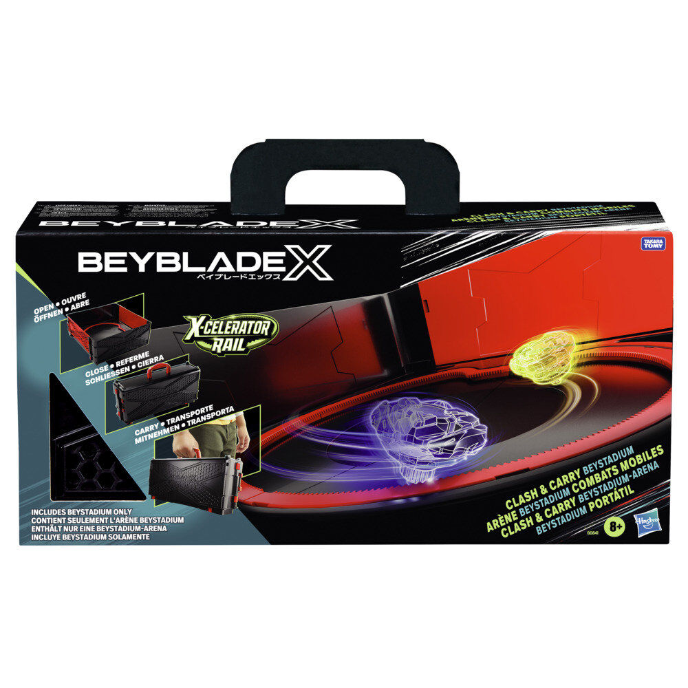 Toupies Beyblade X prêtes à être lancées dans l'arène de combat