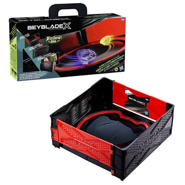 Vue d'ensemble du Beyblade X Combat Arena Stadium plié et prêt à être transporté