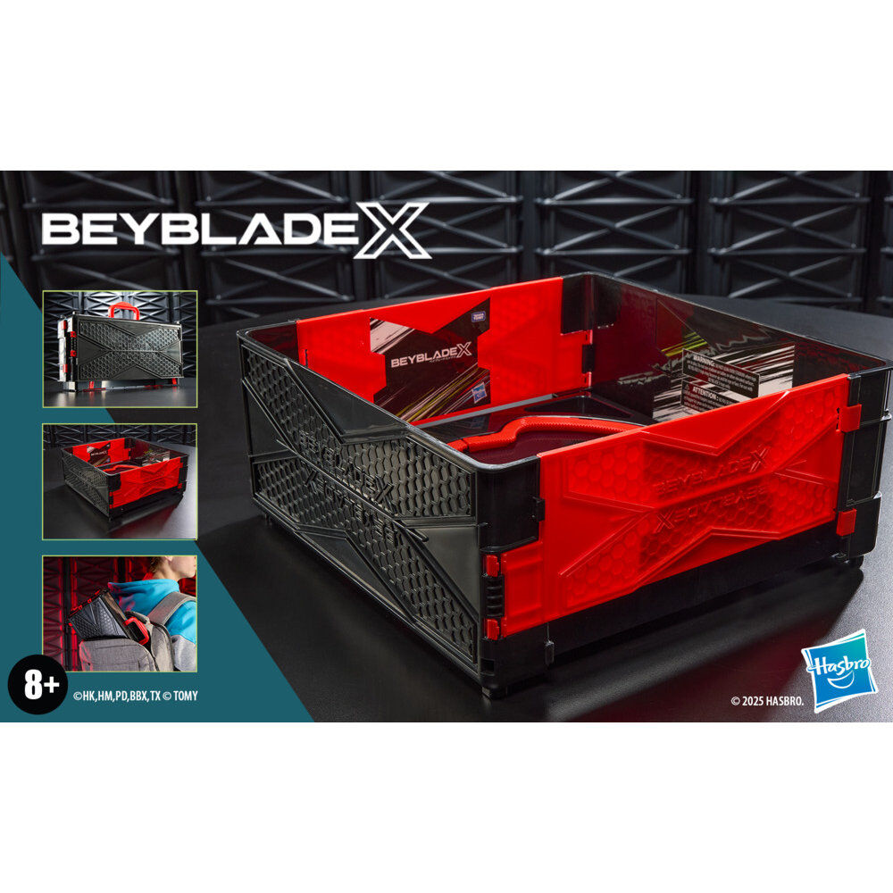 Vue rapprochée du logo Beyblade sur la surface de combat