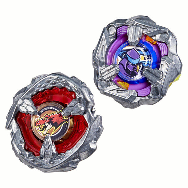 Image du pack Beyblade X avec les toupies Beat Tyranno 4-70Q et Knife Shinobi 4-80HN en métal, prêtes pour le combat.